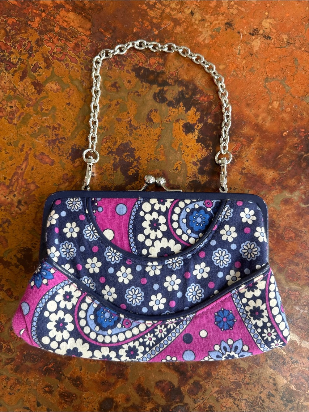 Vera Bradley Boysenberry Navy Paisley Chain-Handle Kisslock Clutch Purse Wallet